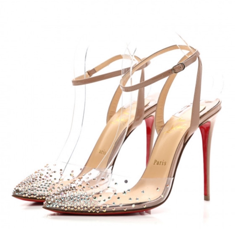 Christian Louboutin Nude PVC Pointed Toe Crystal Embellished Red Sole Heels